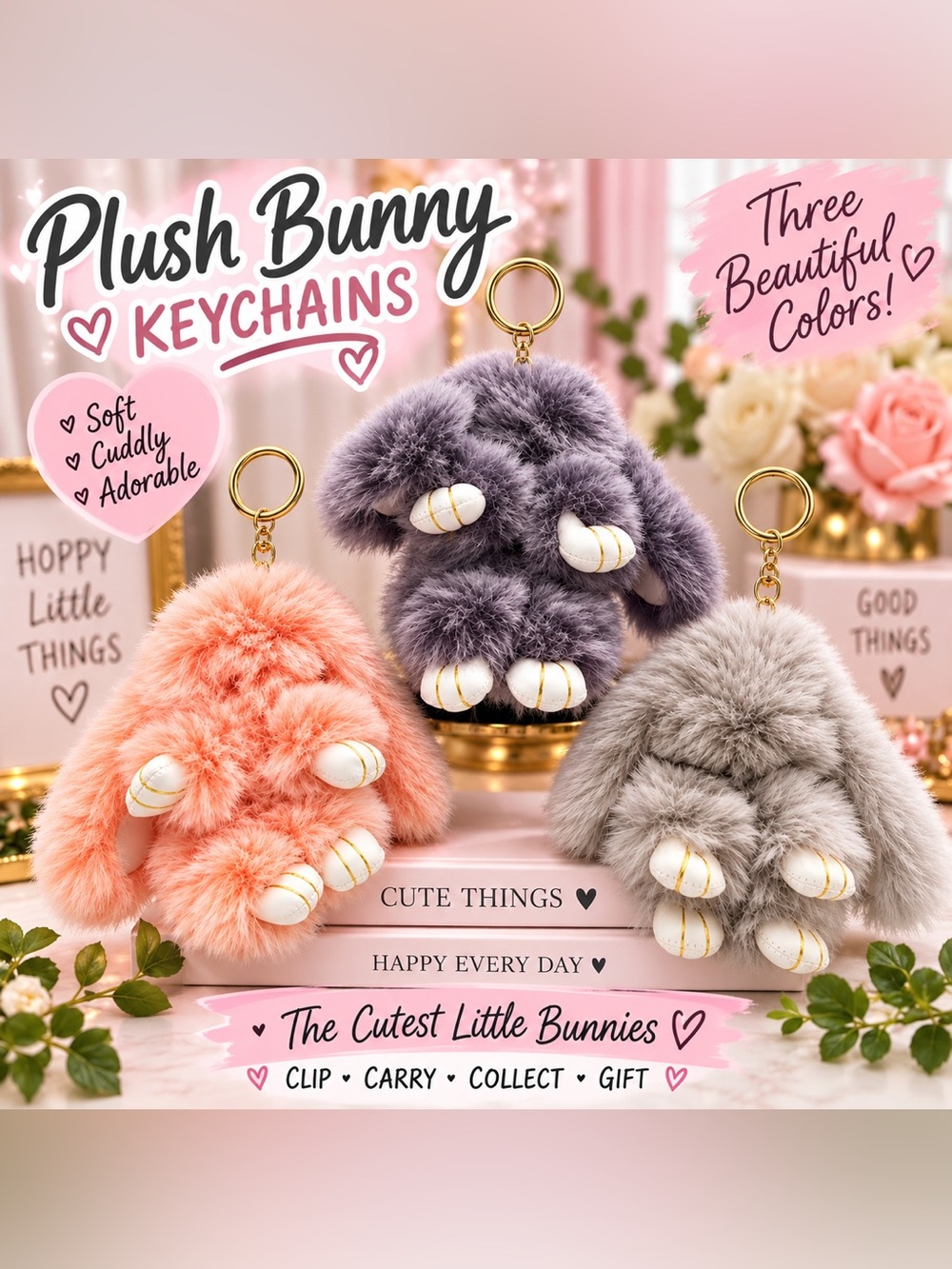 Set of 3 large plush bunny keychain bag charms